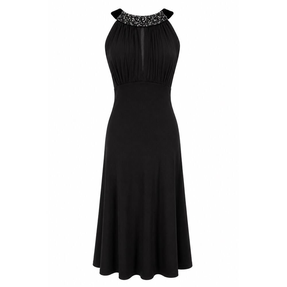 BCBG Max Azria Black Beaded Halter Cocktail Dress Open Back Wedding Guest